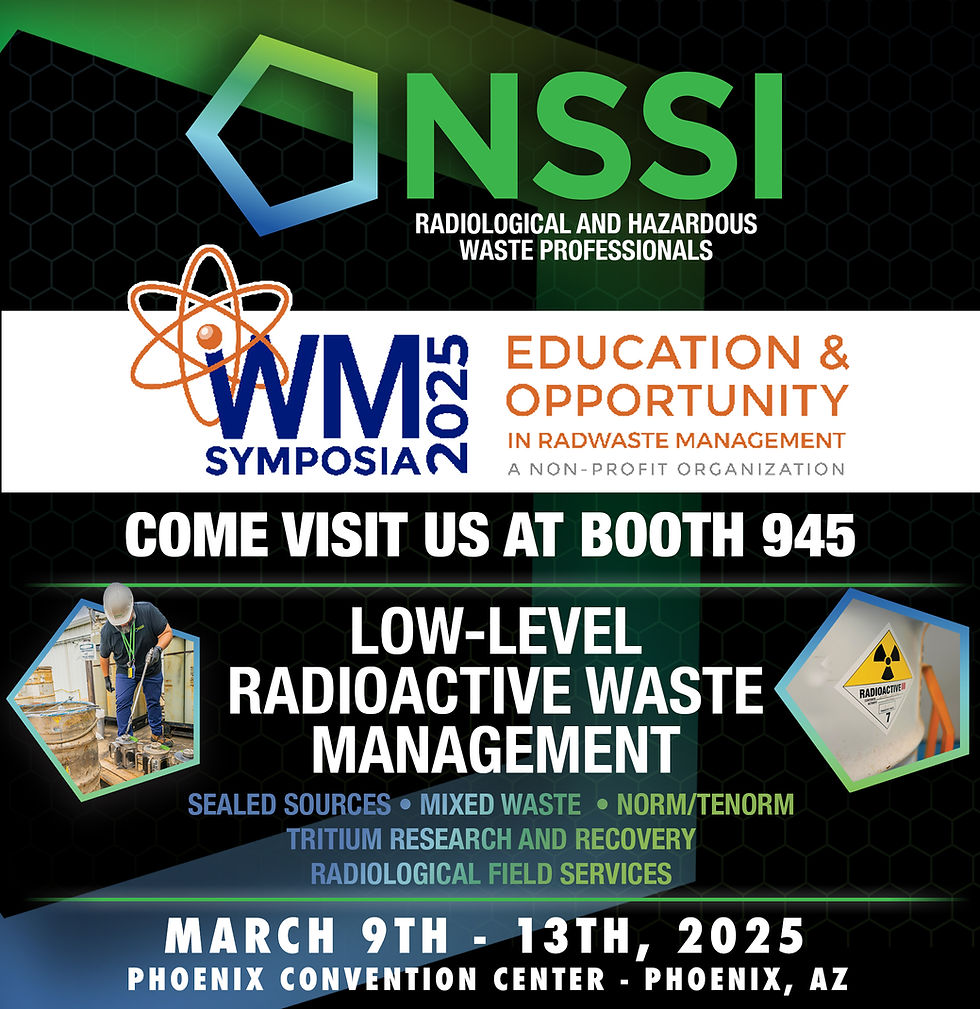A promotional flyer for NSSI’s exhibition at WM Symposia 2025. The flyer features the event details: March 9-13, 2025, in Phoenix, AZ, and highlights NSSI’s expertise in low-level radioactive waste management, sealed sources, mixed waste solutions, NORM/TENORM disposal, tritium research & recovery, and radiological field services. The design includes NSSI’s logo, booth number #945, and a call to visit their exhibit. The background incorporates industry-related visuals, such as hazardous waste symbols