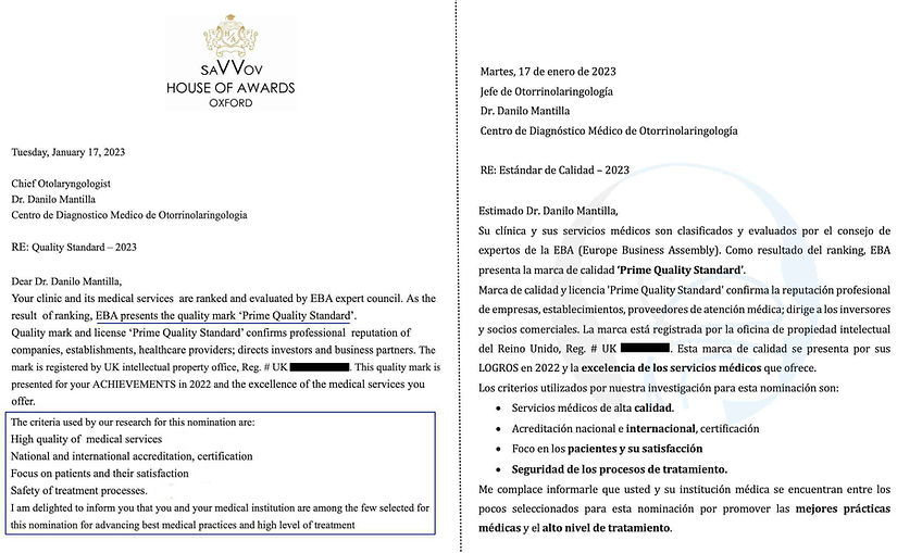 Premio en Oxford al Dr. Danilo Mantilla Otorrinolaringólogo, por Estándares de calidad superior por la Europe Business Assembly