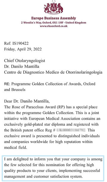 Dr. Danilo Mantilla nominado al Premio Internacional "The Rose of Paracelsus" por la "Europe Business Assembly"