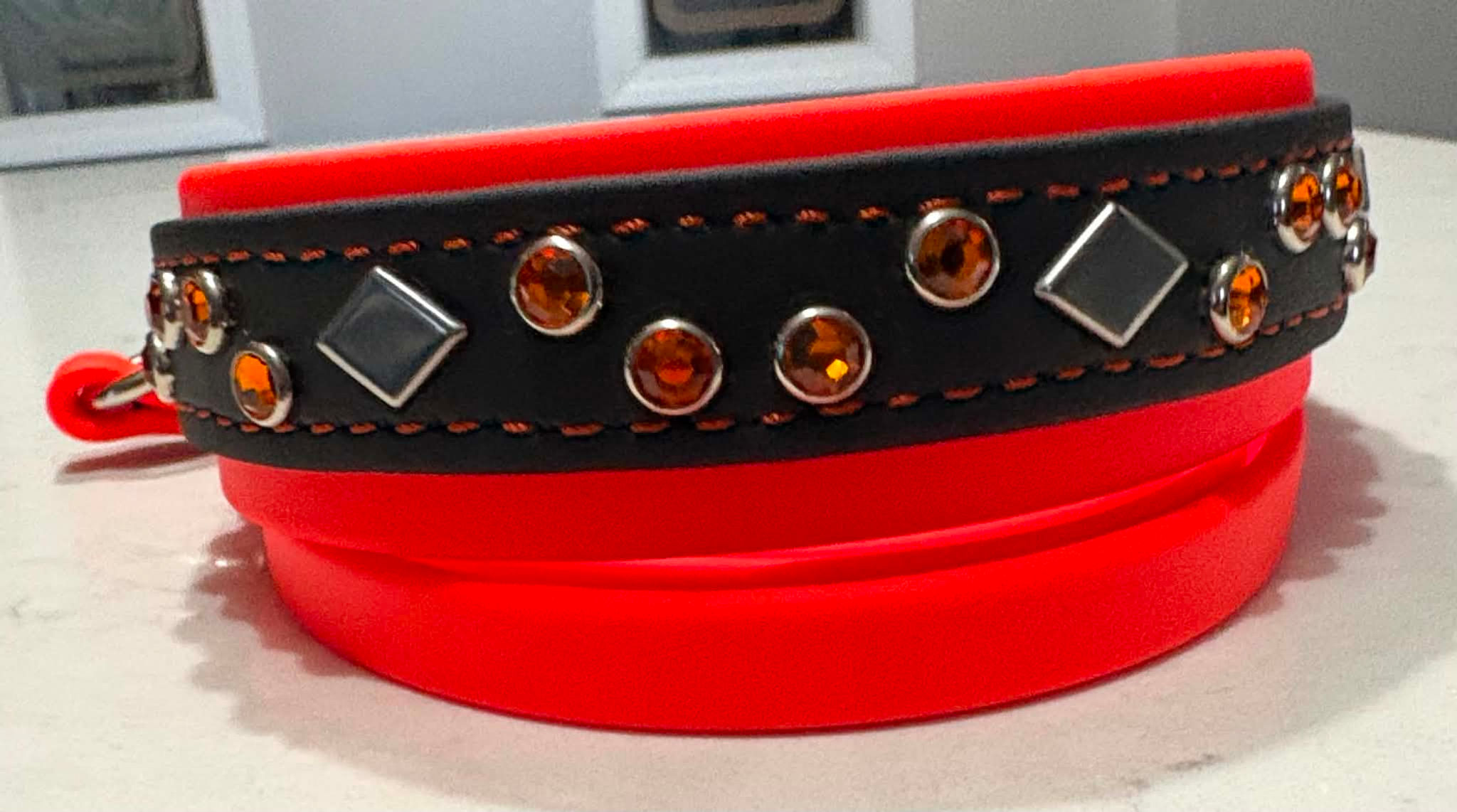 16" - 20" Bright Orange/Black Biothane Collar/Leash Set