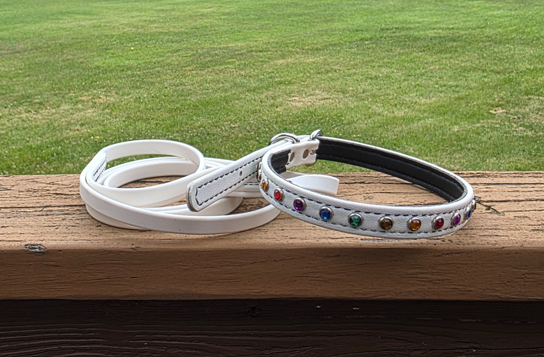 16" - 22" White Rainbow Biothane Collar/Leash Set