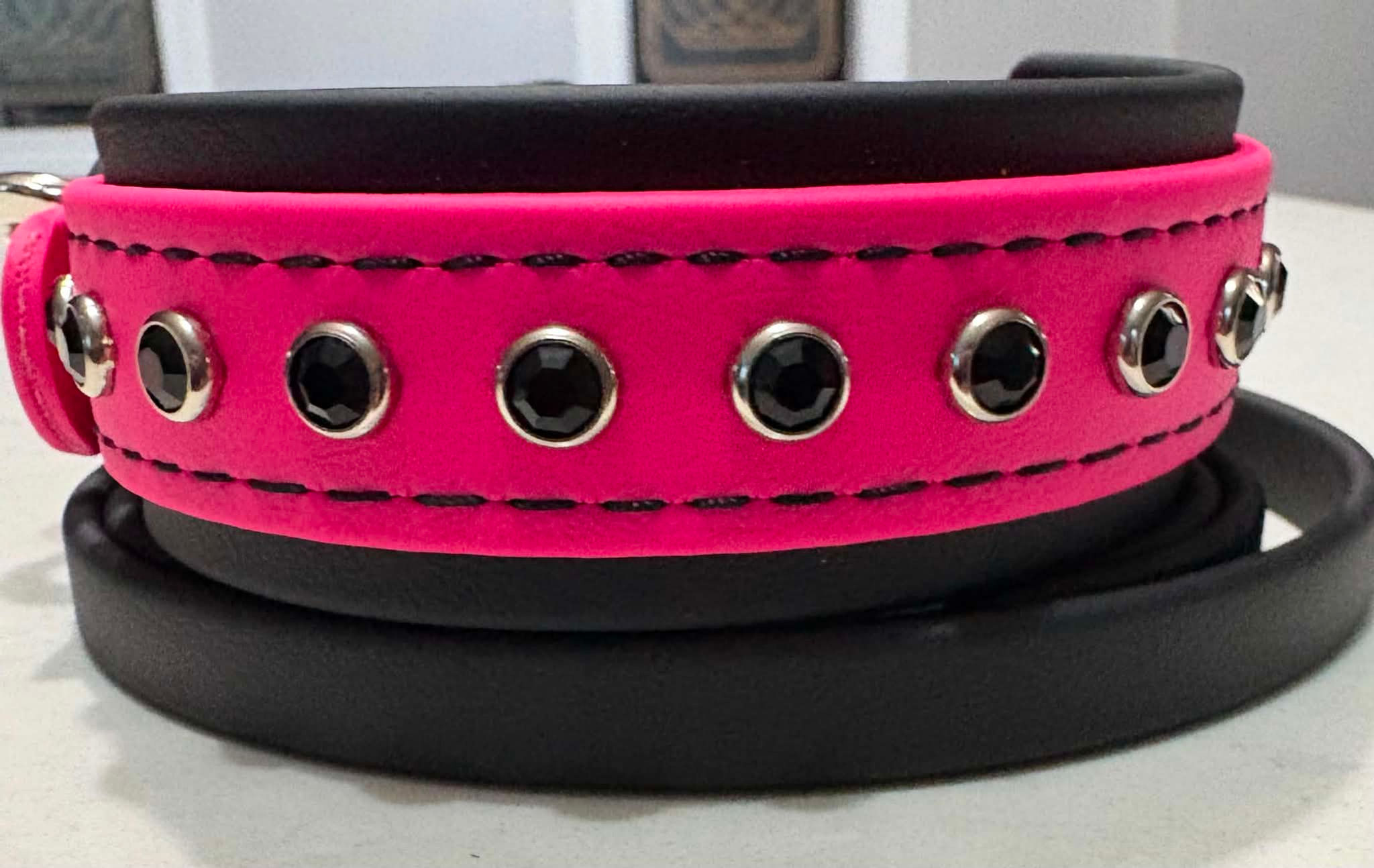 12" - 16" Pink/Black Biothane Collar/Leash Set