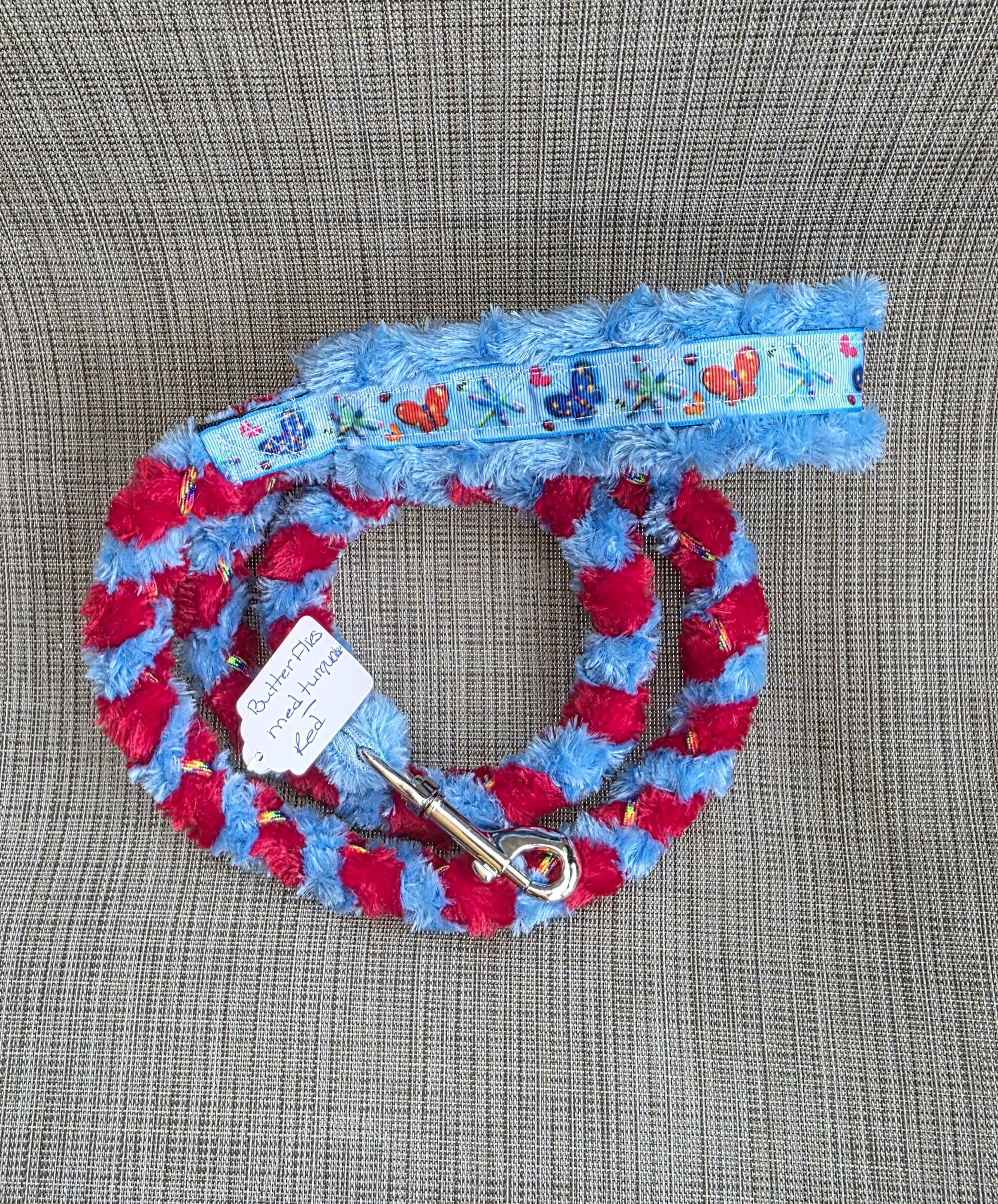 Butterflies Turquoise Red Ribbon Handle Large Clip Minky Leash