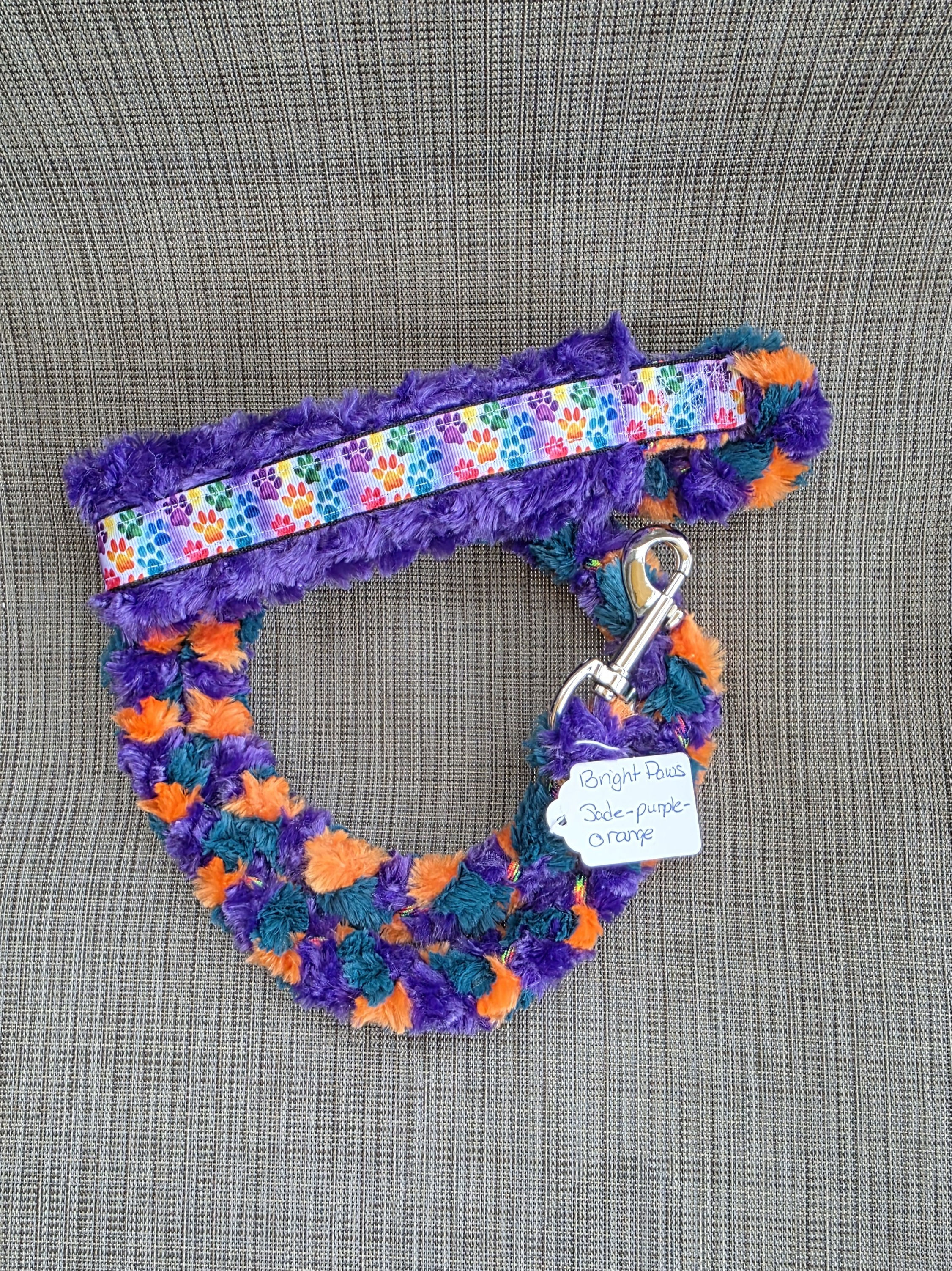 Paws Jade Purple Orange Ribbon Handle Large Clip Minky Leash