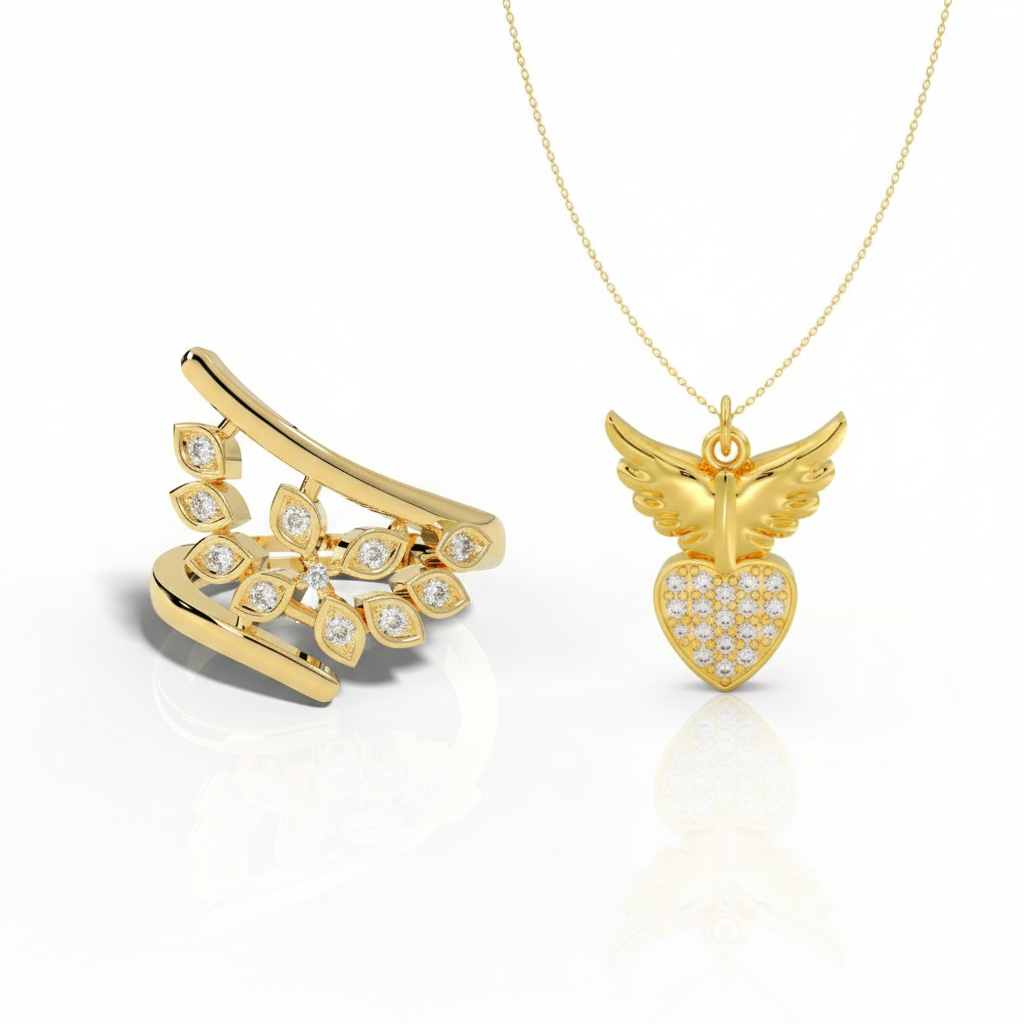 Angel fly wings heart neckalce or Ring brass metal