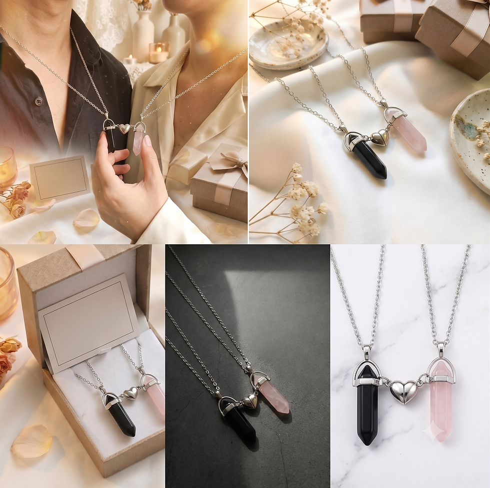 Thumbnail: FLB Magnetic Crystal Couple Necklace: Rose Quartz & Black Agate Heart Pendant.