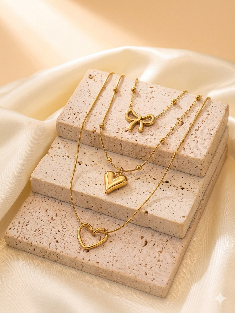 FLB Jewels Elegant 3-Layer Gold-Plated Combo Pendant Set - Heart & Bow Designs