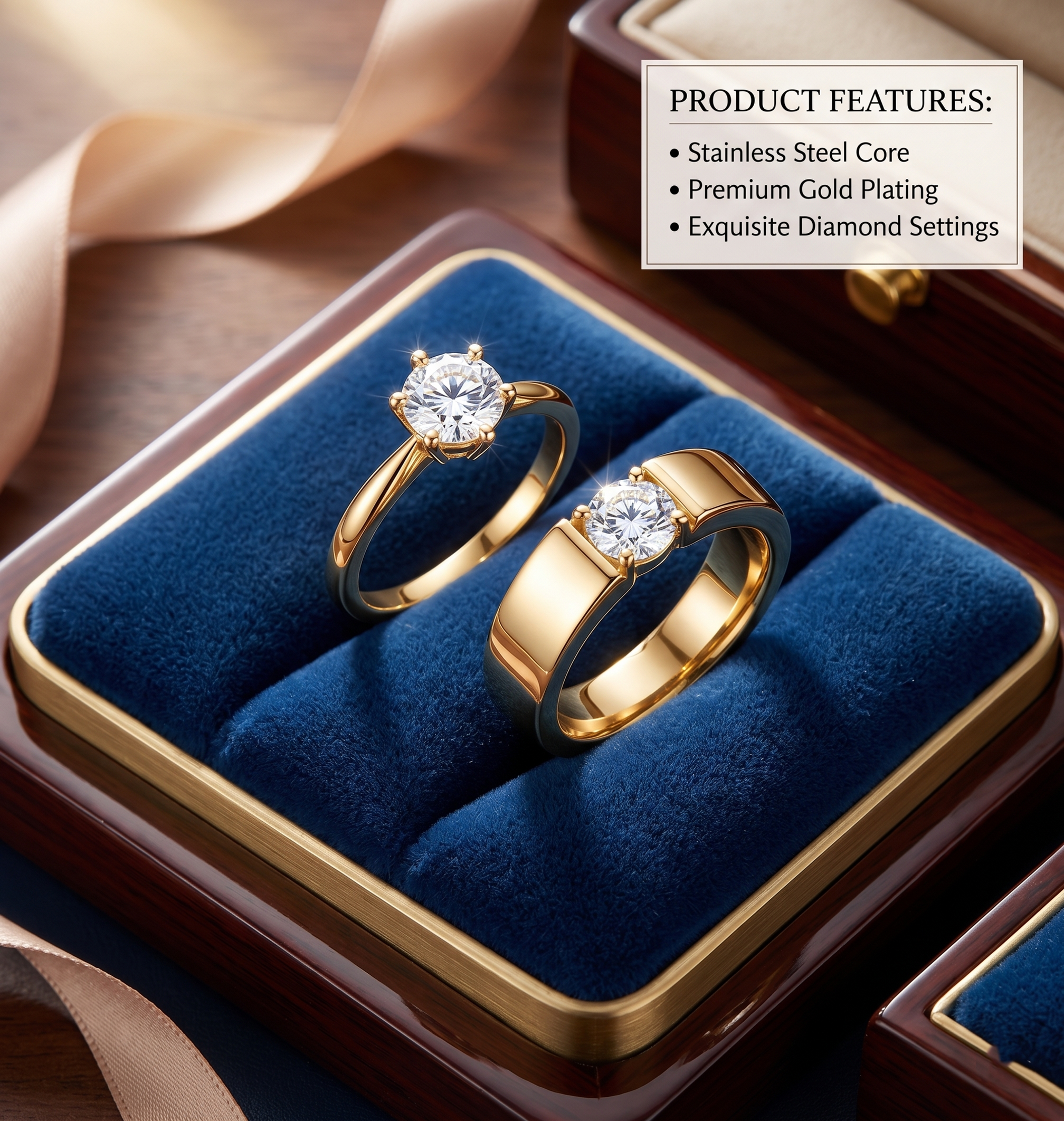 ForLookBeauty Premium Gold Plated Stainless Steel Solitaire Engagement Ring Set