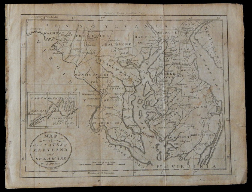 Original 1790 US state area Map the State of Maryland & Delaware By Denison