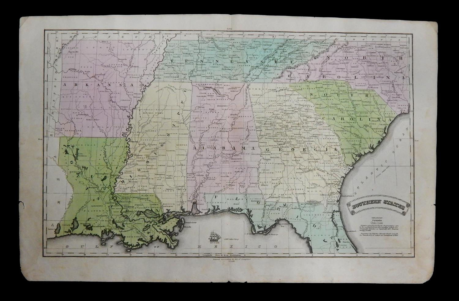 Original 1837 Map showing the Southern States of US 11.5x18.5 By J Olney