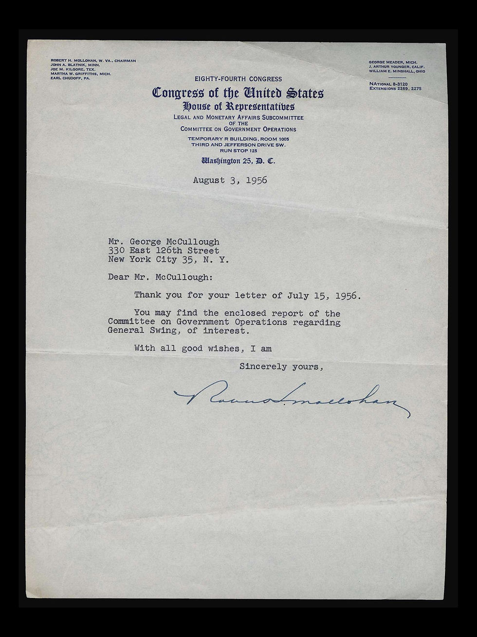 1956 Document Signed  autograph  Robert H Mollohan US house of Representatives Washington DC