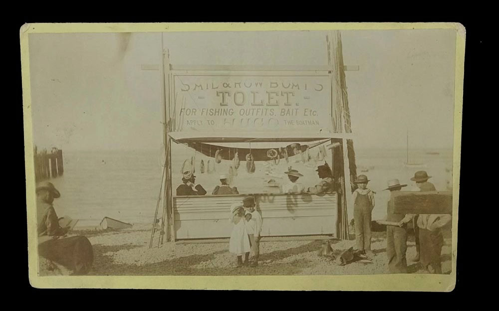 1897 Cabinet Card Photo Hugo Fishing Boat stand booth Catalina Island California