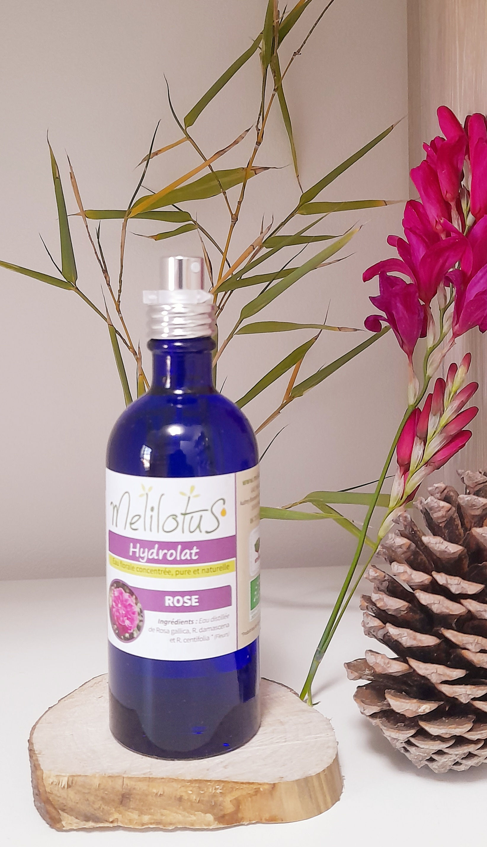 un flacon spray d'hydrolat de rose une pomme de pin une fleur