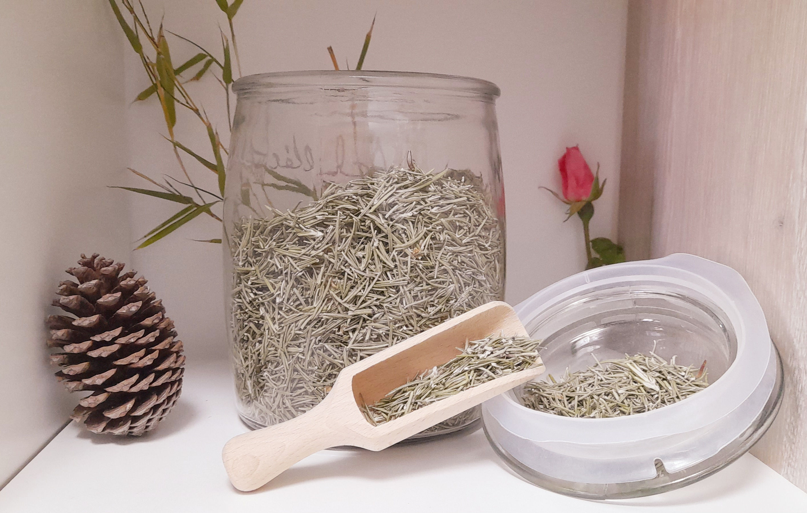 un bocal de romarin avec une pomme de pin et une rose 