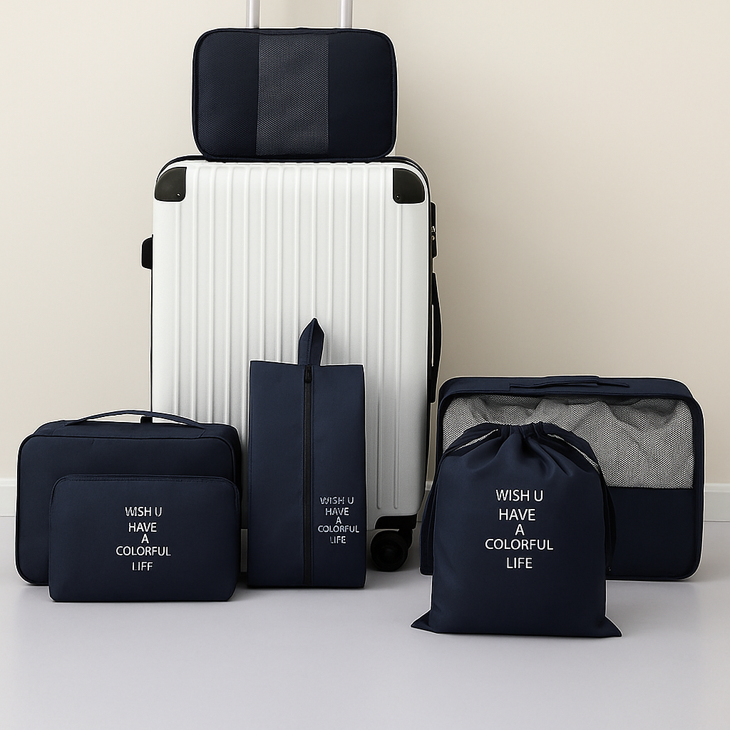 Navy blue travel packing cubes and luggage set with "WISH U..." text.