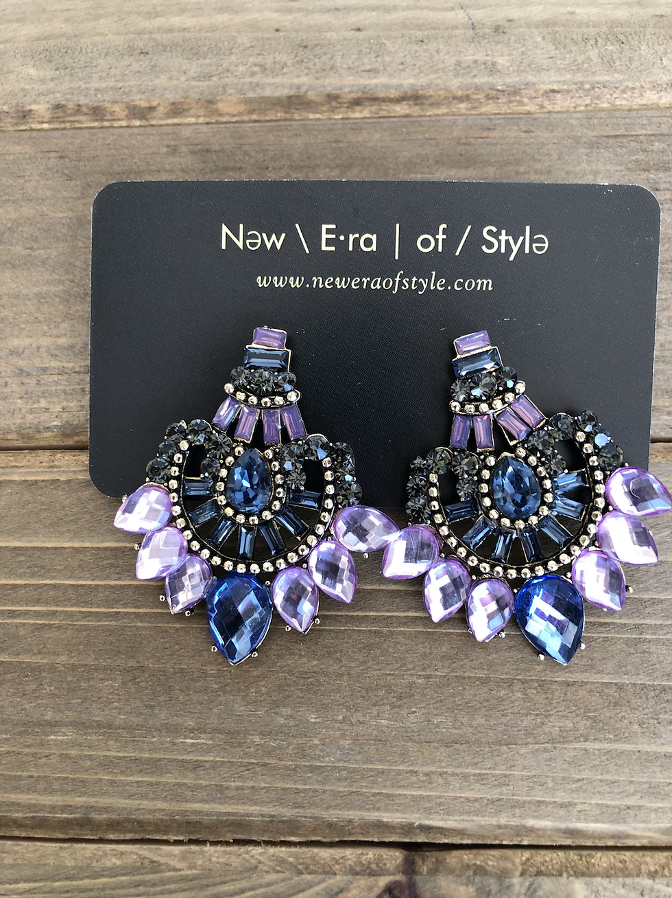 Thumbnail: Pair of jeweled earrings with text: New Era of Style on wooden surface.