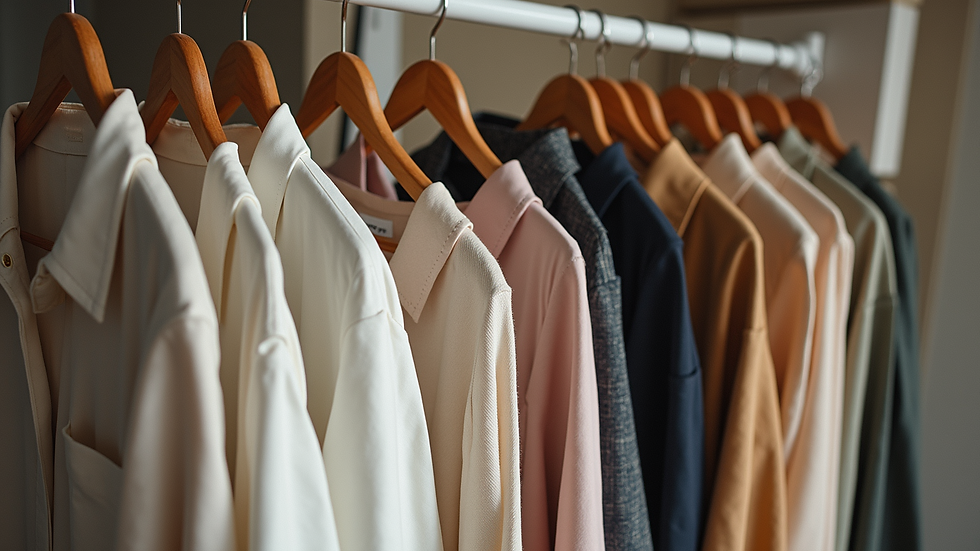 High angle view of neatly arranged capsule wardrobe pieces