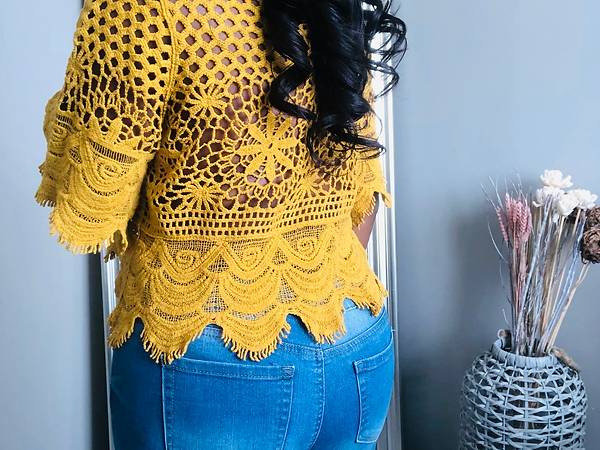 back of mustard crochet top