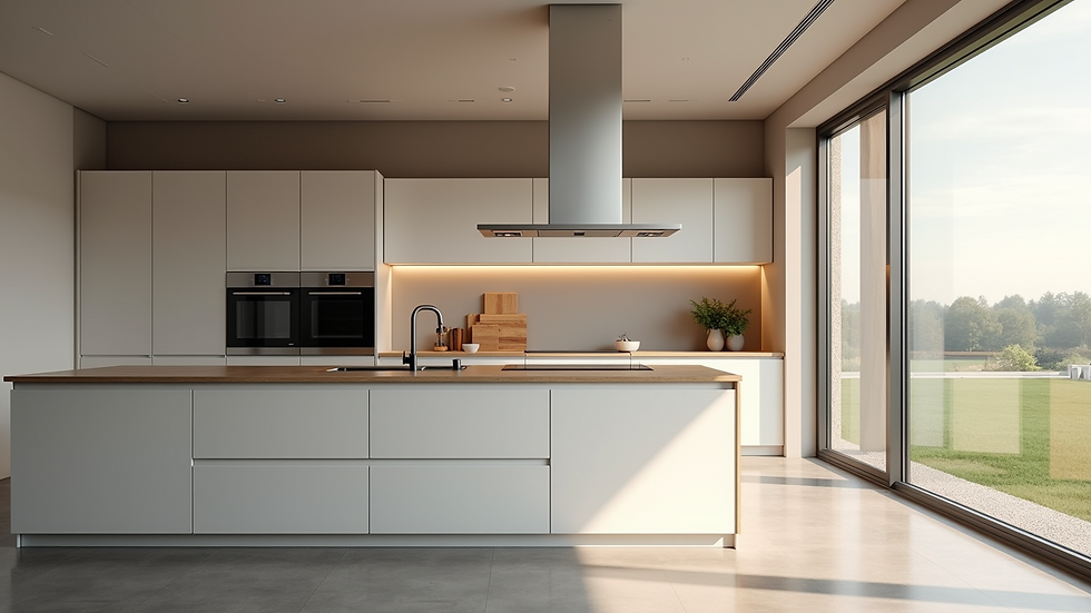 High angle view of a kitchen with a beautiful island and modern appliances