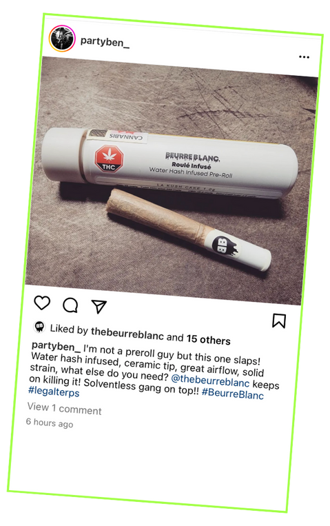 I'm not a preroll guy but this one slaps! Water hash infused, ceramic tip, great airflow, solid strain, what else do you need? @thebeurreblanc keeps on killing it! Solventless gang on top!!
