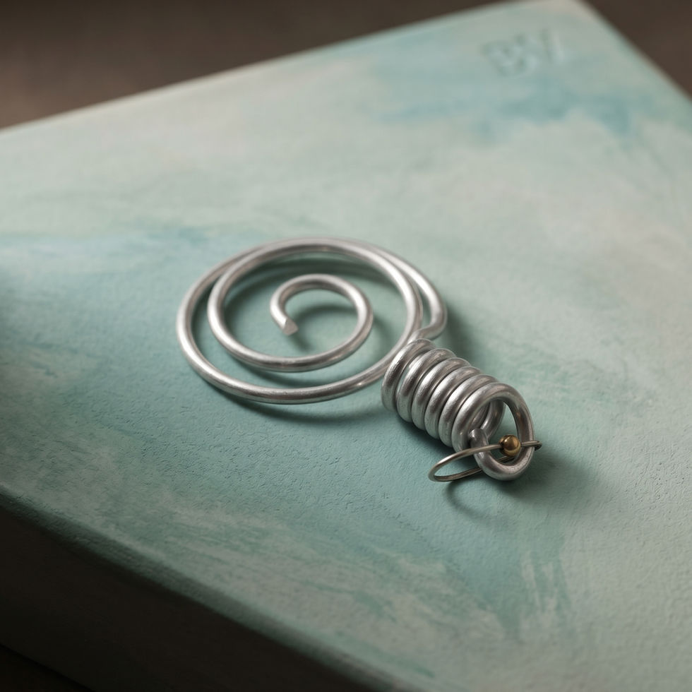 Silver wire spiral pendant with a coiled industrial spring by MHL Jewelry Designs.