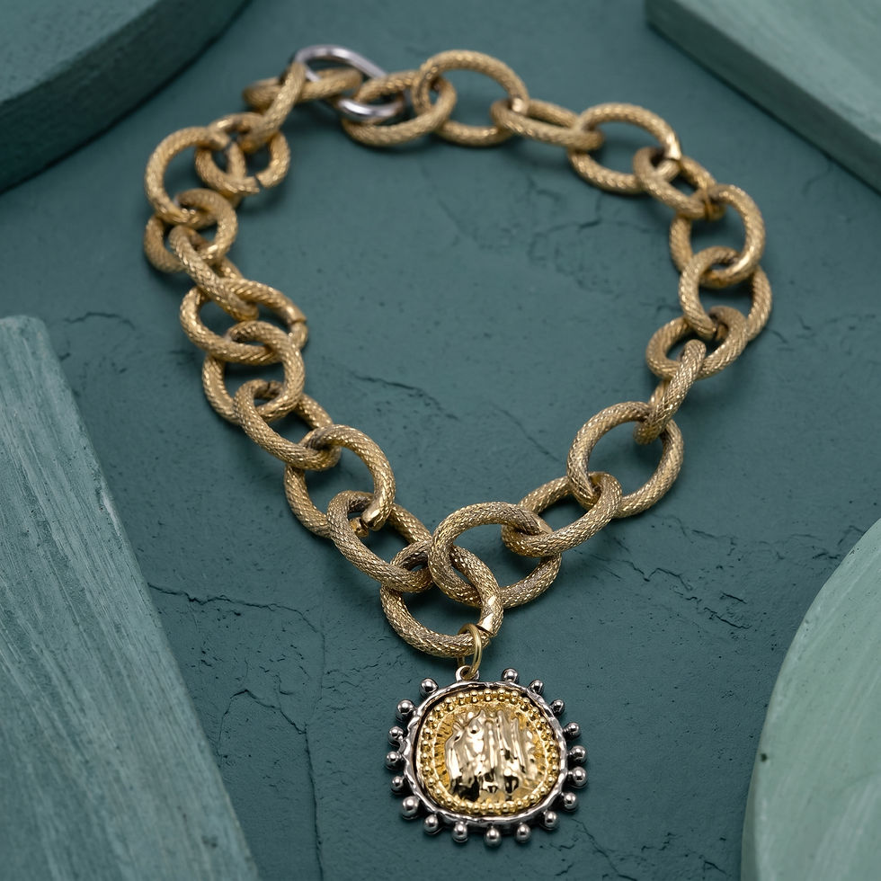 Gold coin chain necklace with chunky textured links by MHL Jewelry Designs.