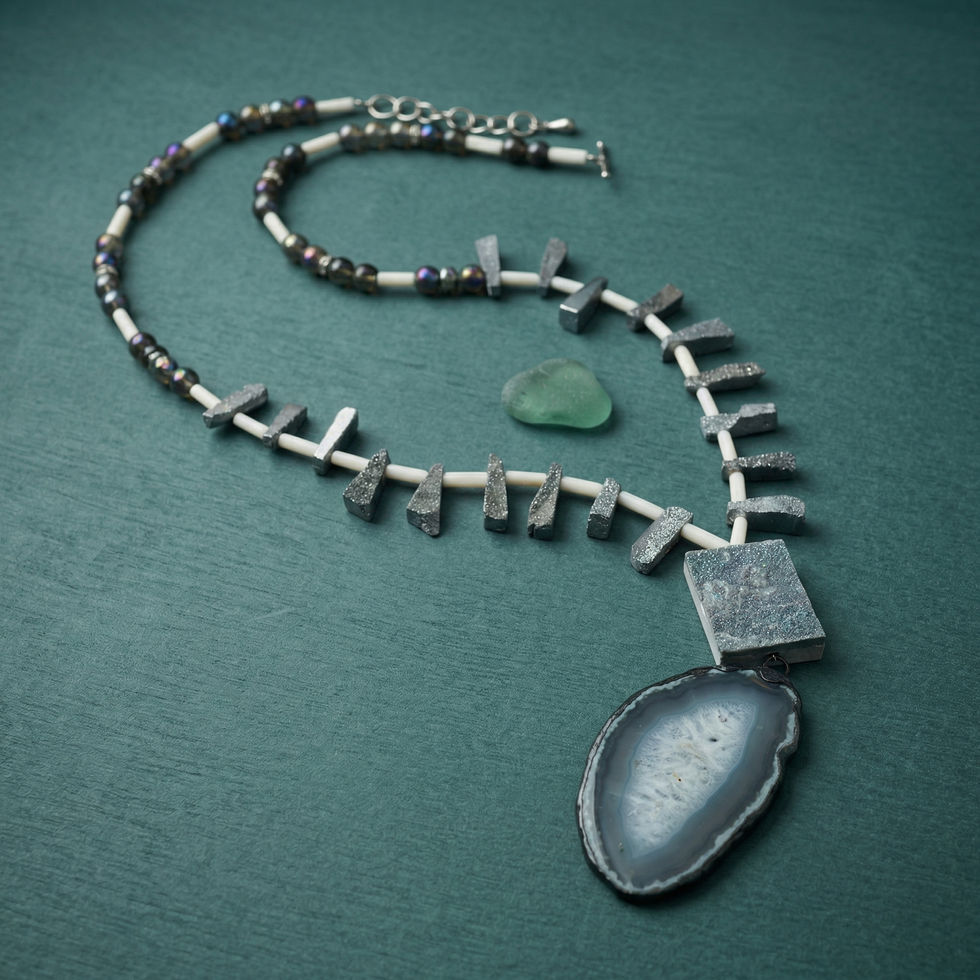 Grey agate slice necklace with druzy pendant and iridescent beads. MHL Jewelry Designs statement necklace.
