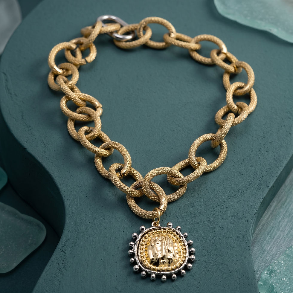 Gold coin chain necklace with chunky textured links by MHL Jewelry Designs.