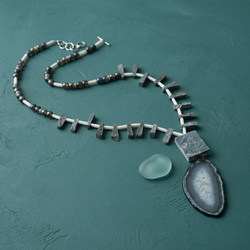 Grey agate slice necklace with druzy pendant and iridescent beads. MHL Jewelry Designs statement necklace.