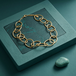 Handcrafted hammered gold oval link chain necklace with organic texture. MHL Jewelry Designs Modern Heritage piece.