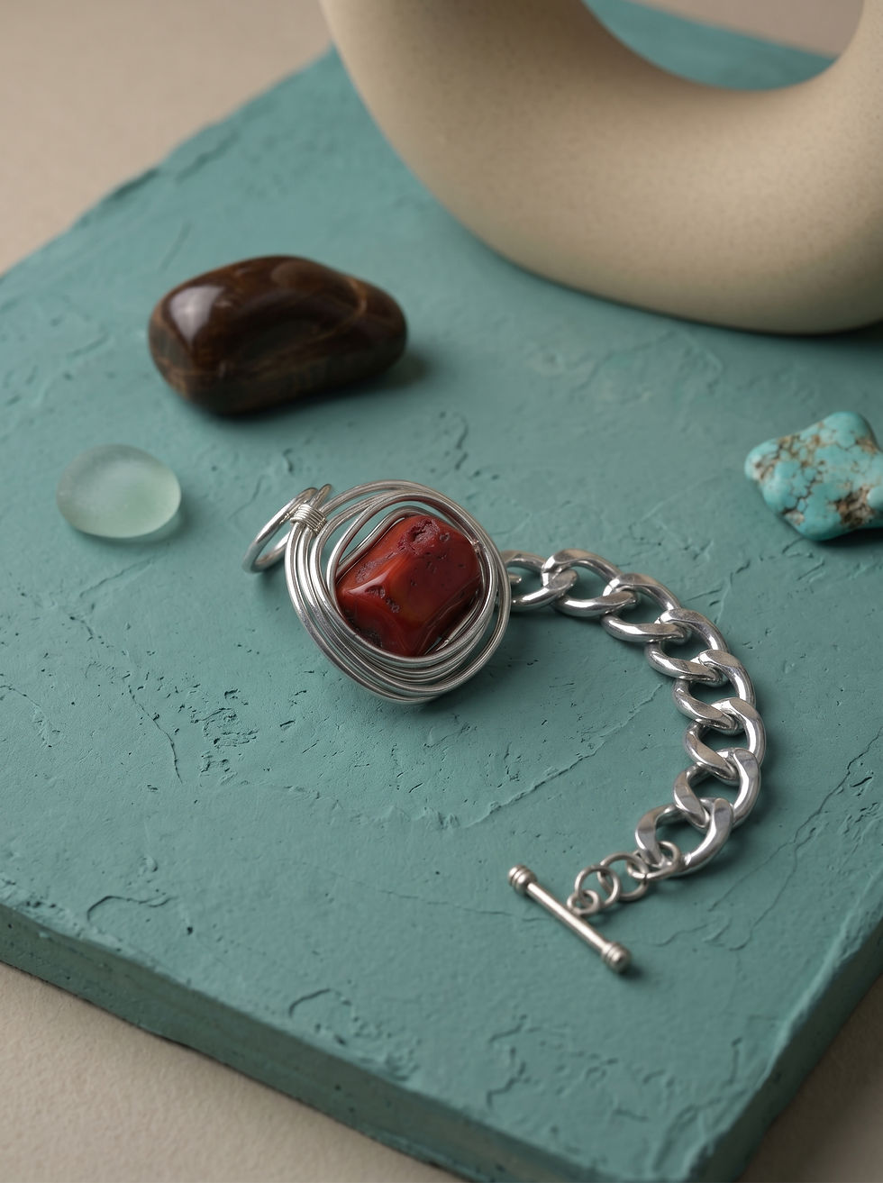 Red stone chain bracelet with silver wire wrapping by MHL Jewelry Designs.