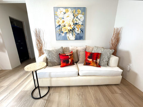 Lifestyle couch set for brand videos and interviews in Northern Colorado studio