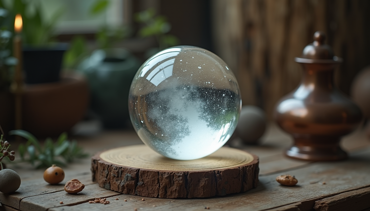 Close-up view of a crystal ball on a wooden table used for fortune telling