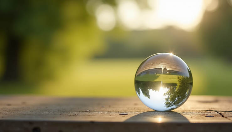 Eye-level view of a serene French countryside with a crystal ball on a wooden table