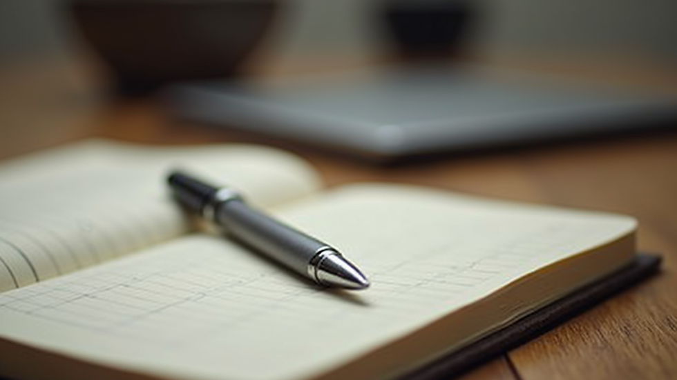 Close-up view of a journal and pen on a wooden table