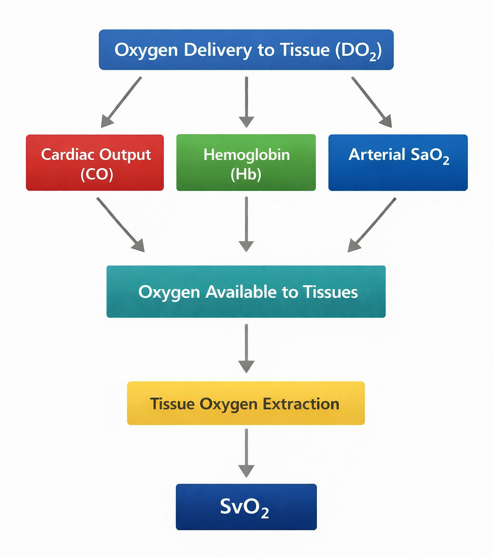 SvO₂ reflects the balance between oxygen delivery and demand; changes in cardiac output, hemoglobin, or SaO₂ will alter SvO₂ even if flow is unchanged. Oxygen consumption may be influenced by factors such as fever, seizures, systemic inflammatory response syndrome (SIRS), and sympathetic activation.