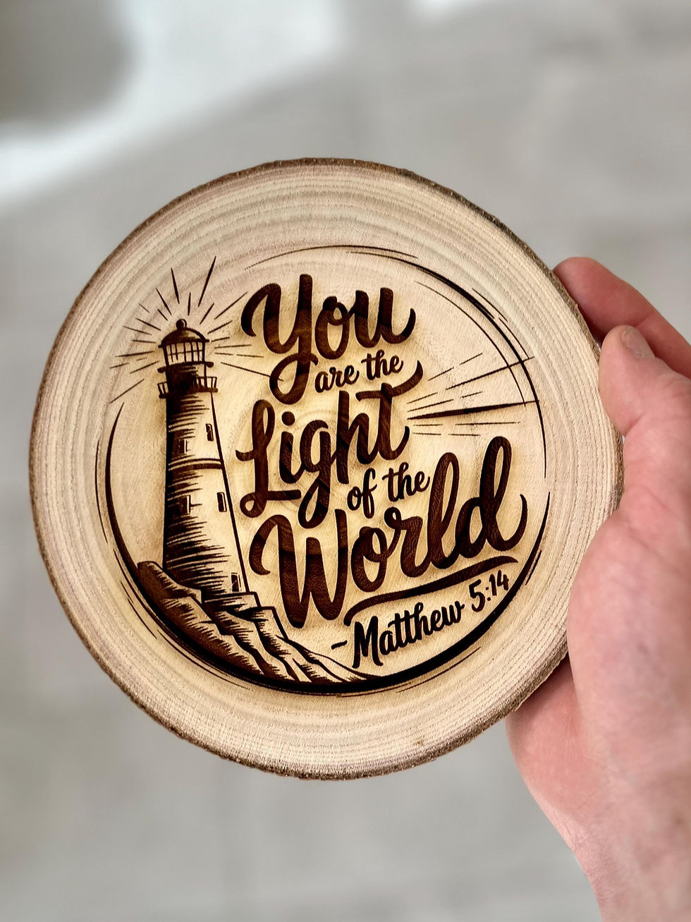 Thumbnail: Matthew 5:14 Light of the World - Engraved Wooden Lighthouse Scripture Sign