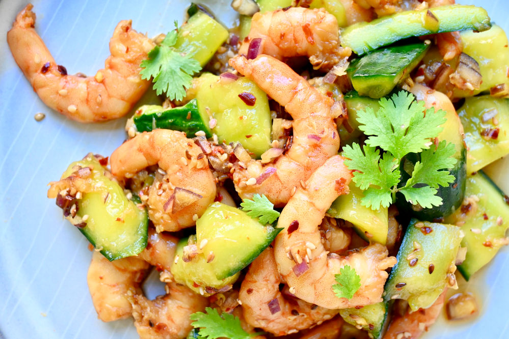 Asian inspired Spicy Smashed Cucumber & Shrimp Salad