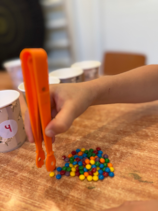 ילדה אוספת עדשי שוקולד בהתאם לכמות בפעילות חשבונית  בקבוצת מוכנות לכיתה א