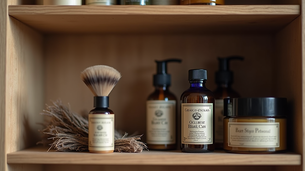 Eye-level view of assorted natural beard care products arranged on a wooden shelf