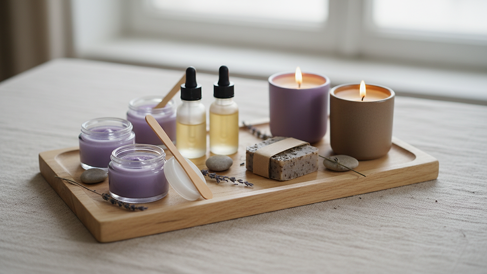 Eye-level view of a wooden tray with natural skincare products and candles