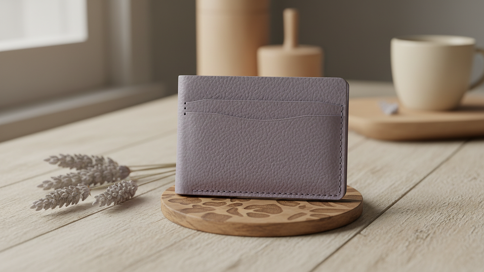 Eye-level view of a minimalist recycled leather wallet on a wooden table