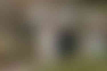 A bride walks uphill with guests holding umbrellas in light rain near stone buildings