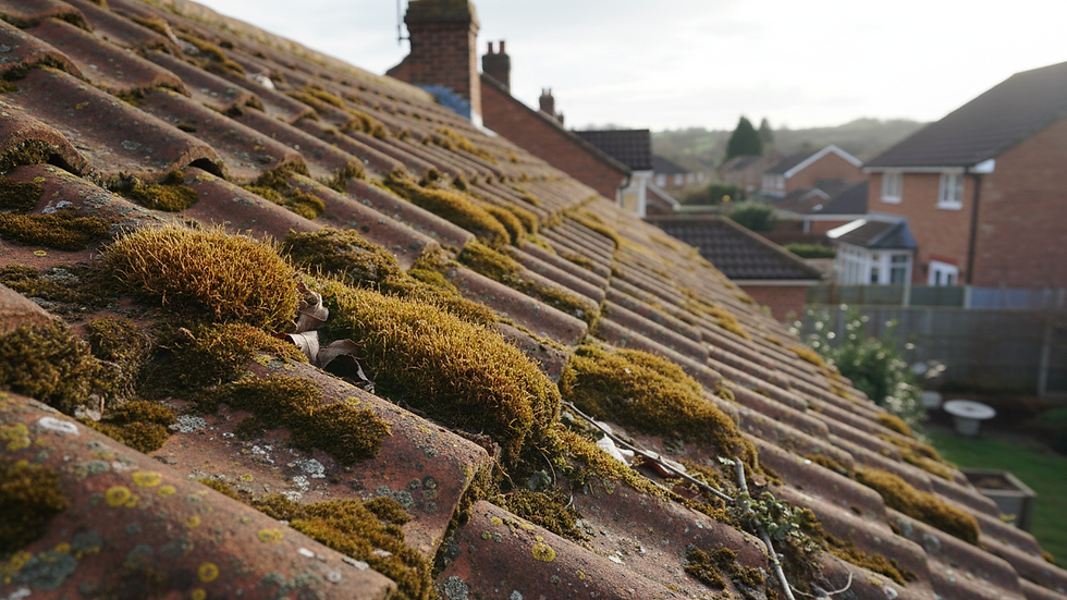 Eye-level view of a tiled roof with visible moss growth