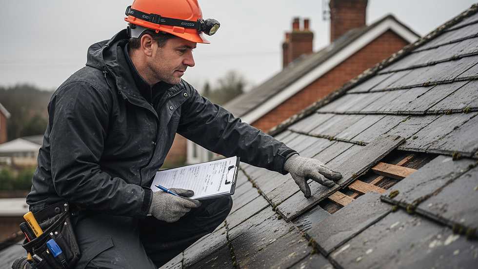 Close-up view of a roofer inspecting a roof with a clipboard