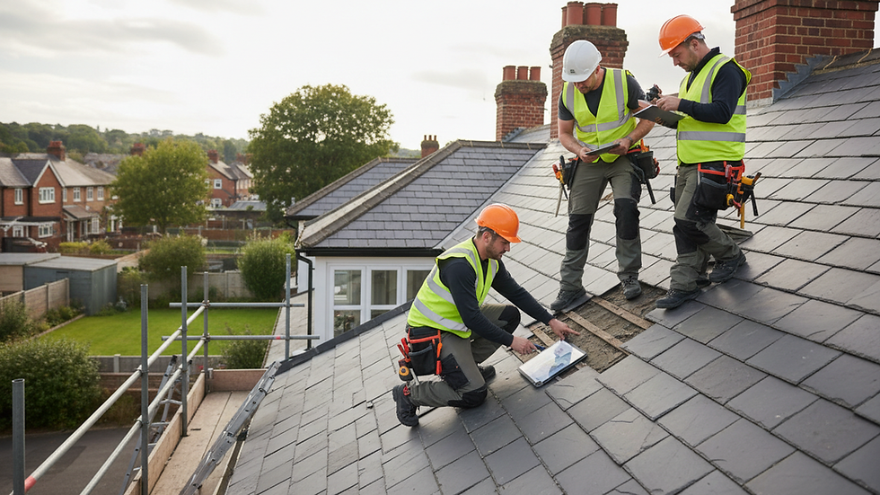 Eye-level view of a roofing team inspecting a residential roof