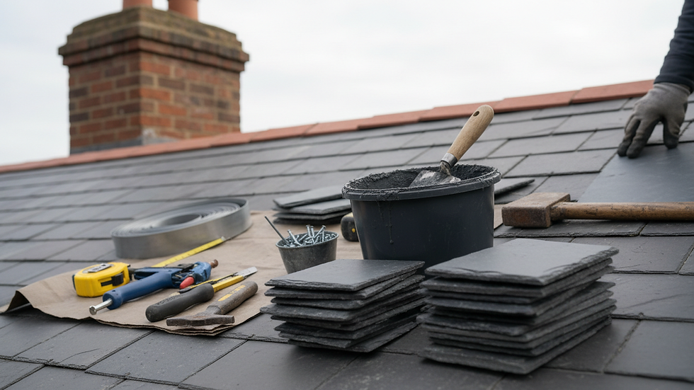 Close-up view of roofing materials and tools arranged for a repair job