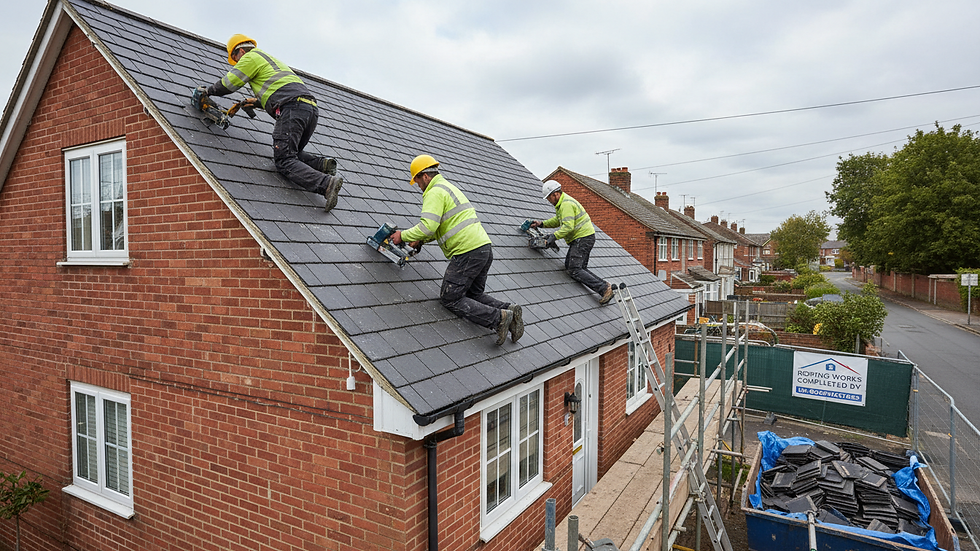 Eye-level view of a residential roof under repair with workers installing shingles