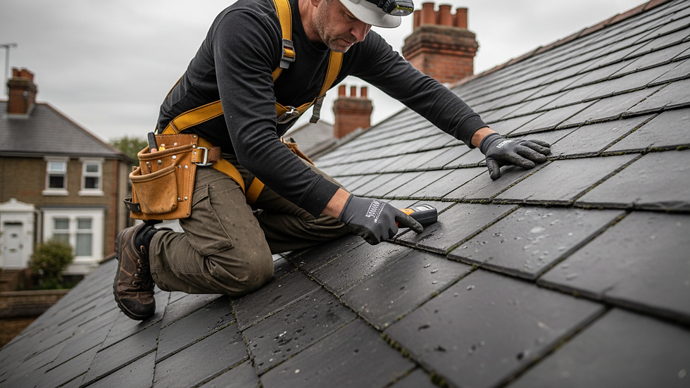 Close-up view of a roofing contractor inspecting shingles on a pitched roof
