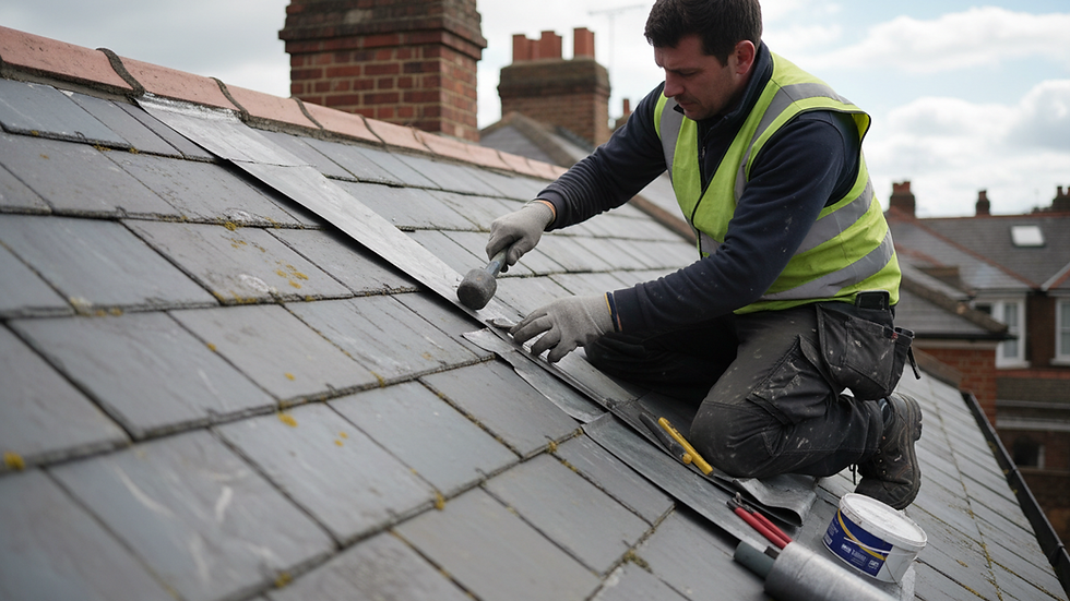 Close-up view of a roofer repairing flashing on a pitched roof